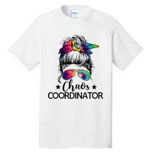 Funny Humor Chaos Coordinator Messy Bun Teachers Boss Women Tall T-Shirt