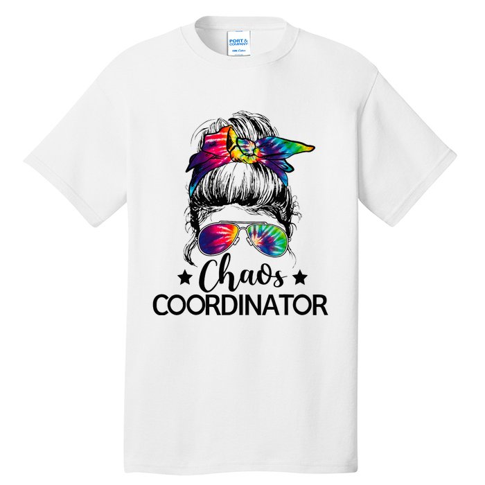 Funny Humor Chaos Coordinator Messy Bun Teachers Boss Women Tall T-Shirt