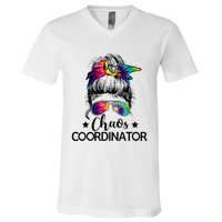 Funny Humor Chaos Coordinator Messy Bun Teachers Boss Women V-Neck T-Shirt