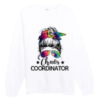 Funny Humor Chaos Coordinator Messy Bun Teachers Boss Women Premium Crewneck Sweatshirt