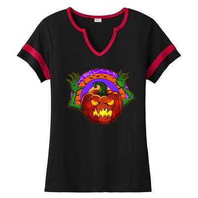 Funny Halloween Creepy Jackolantern Pumpkin Ladies Halftime Notch Neck Tee