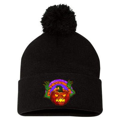 Funny Halloween Creepy Jackolantern Pumpkin Pom Pom 12in Knit Beanie