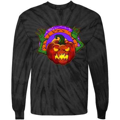 Funny Halloween Creepy Jackolantern Pumpkin Tie-Dye Long Sleeve Shirt