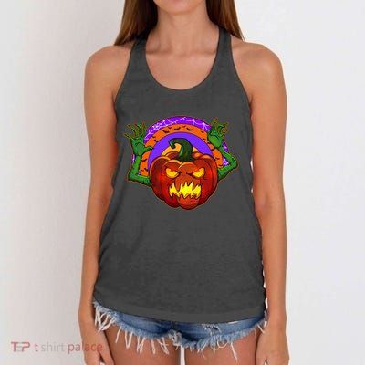Funny Halloween Creepy Jackolantern Pumpkin Women's Knotted Racerback Tank