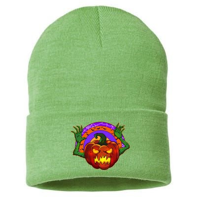 Funny Halloween Creepy Jackolantern Pumpkin Sustainable Knit Beanie