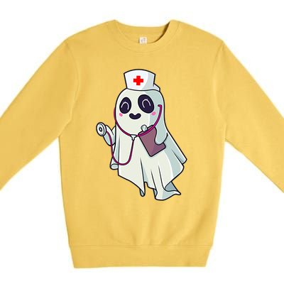 Funny Halloween Costume Cute Pocket Ghost Nurse Scrub Gift Premium Crewneck Sweatshirt