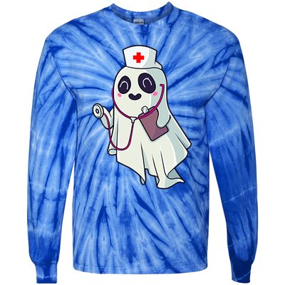 Funny Halloween Costume Cute Pocket Ghost Nurse Scrub Gift Tie-Dye Long Sleeve Shirt