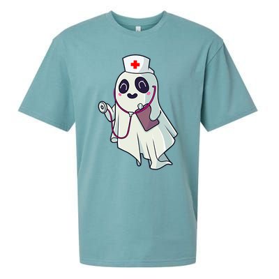 Funny Halloween Costume Cute Pocket Ghost Nurse Scrub Gift Sueded Cloud Jersey T-Shirt