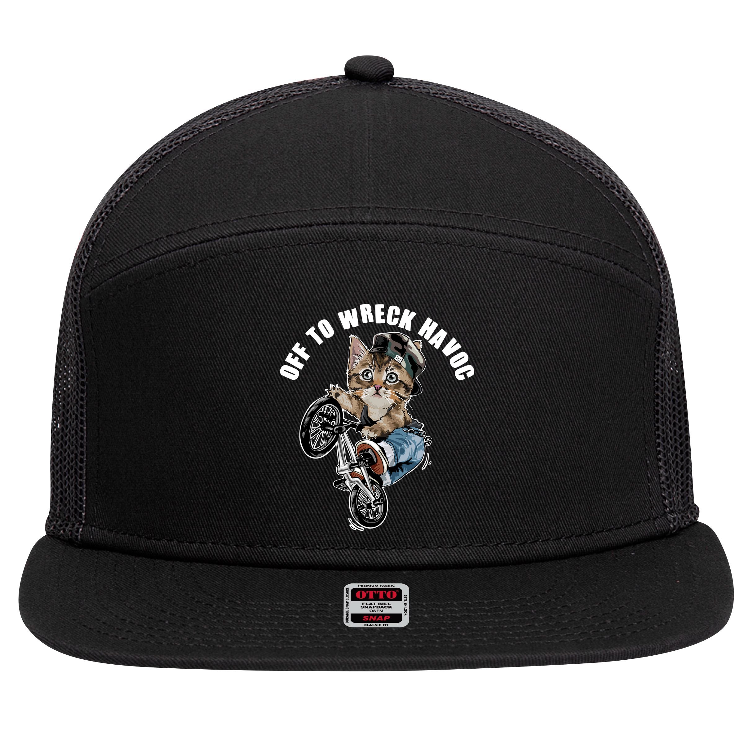 Funny Hiphop Cat Off To Wreck Havoc 7 Panel Mesh Trucker Snapback Hat