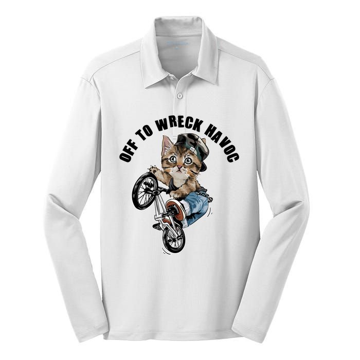 Funny Hiphop Cat Off To Wreck Havoc Silk Touch Performance Long Sleeve Polo