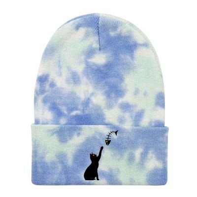 Funny Halloween Cat Wants To Catch A Fish Skeleton Tie Dye 12in Knit Beanie