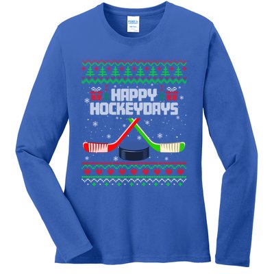 Funny Hockey Christmas Ugly Sweater Hockey Xmas Tree Lights Gift Ladies Long Sleeve Shirt