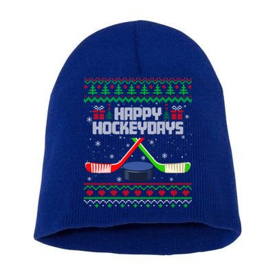 Funny Hockey Christmas Ugly Sweater Hockey Xmas Tree Lights Gift Short Acrylic Beanie