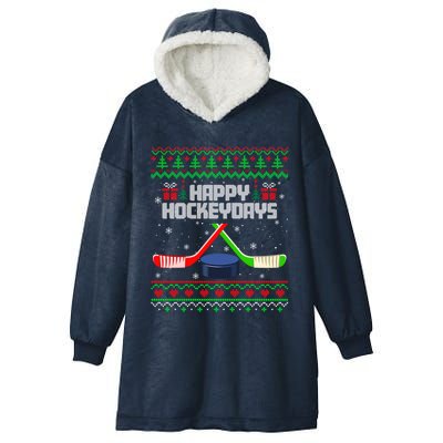 Funny Hockey Christmas Ugly Sweater Hockey Xmas Tree Lights Gift Hooded Wearable Blanket