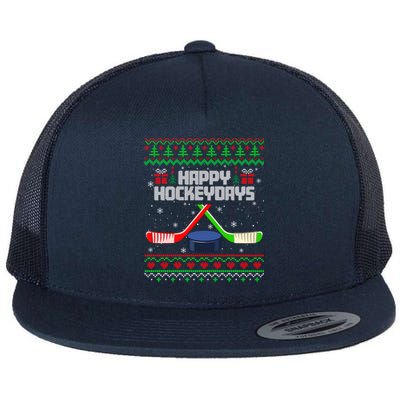 Funny Hockey Christmas Ugly Sweater Hockey Xmas Tree Lights Gift Flat Bill Trucker Hat