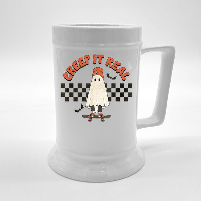 Funny Halloween Creep It Real Retro Skateboarding Ghost Beer Stein