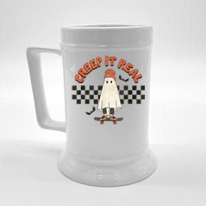 Funny Halloween Creep It Real Retro Skateboarding Ghost Beer Stein