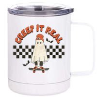 Funny Halloween Creep It Real Retro Skateboarding Ghost 12 oz Stainless Steel Tumbler Cup