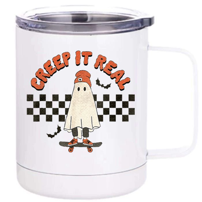 Funny Halloween Creep It Real Retro Skateboarding Ghost 12 oz Stainless Steel Tumbler Cup