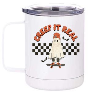 Funny Halloween Creep It Real Retro Skateboarding Ghost 12 oz Stainless Steel Tumbler Cup