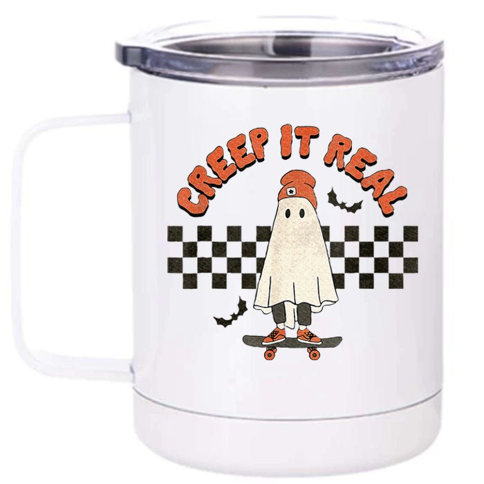 Funny Halloween Creep It Real Retro Skateboarding Ghost 12 oz Stainless Steel Tumbler Cup