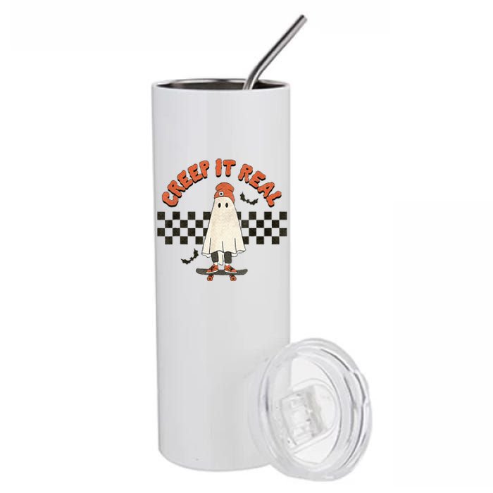 Funny Halloween Creep It Real Retro Skateboarding Ghost Stainless Steel Tumbler