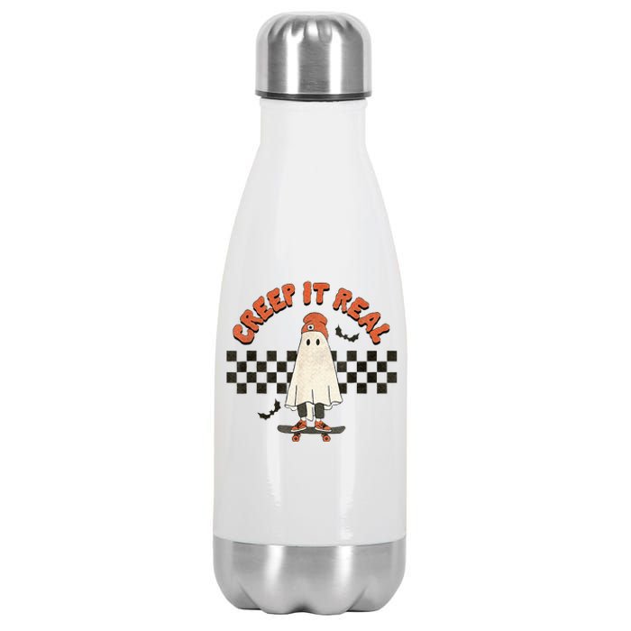 Funny Halloween Creep It Real Retro Skateboarding Ghost Stainless Steel Insulated Water Bottle