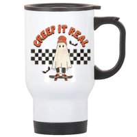 Funny Halloween Creep It Real Retro Skateboarding Ghost Stainless Steel Travel Mug