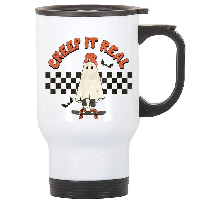 Funny Halloween Creep It Real Retro Skateboarding Ghost Stainless Steel Travel Mug