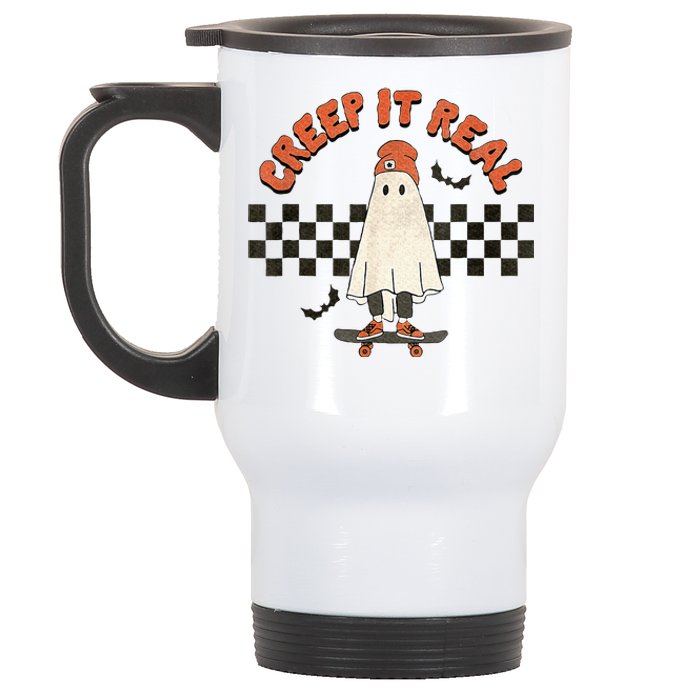 Funny Halloween Creep It Real Retro Skateboarding Ghost Stainless Steel Travel Mug