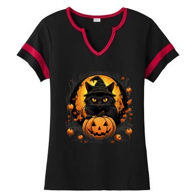 Funny Halloween Cat Costume Pumpkin Cat Black Cat Halloween Ladies Halftime Notch Neck Tee