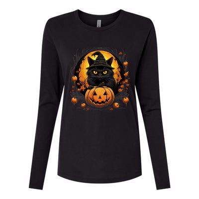 Funny Halloween Cat Costume Pumpkin Cat Black Cat Halloween Womens Cotton Relaxed Long Sleeve T-Shirt