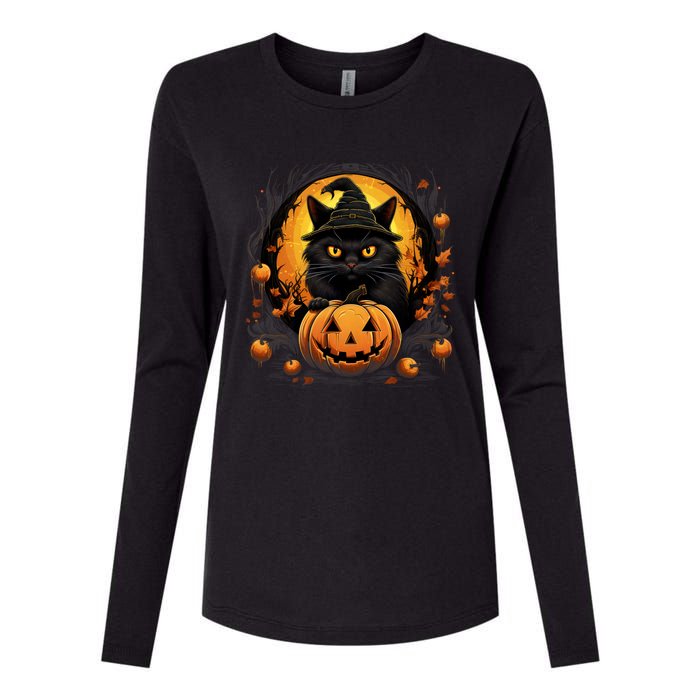 Funny Halloween Cat Costume Pumpkin Cat Black Cat Halloween Womens Cotton Relaxed Long Sleeve T-Shirt