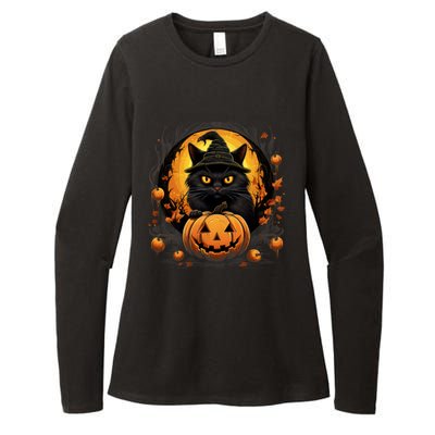 Funny Halloween Cat Costume Pumpkin Cat Black Cat Halloween Womens CVC Long Sleeve Shirt