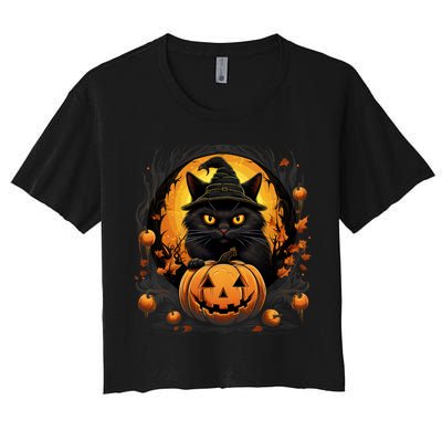 Funny Halloween Cat Costume Pumpkin Cat Black Cat Halloween Women's Crop Top Tee