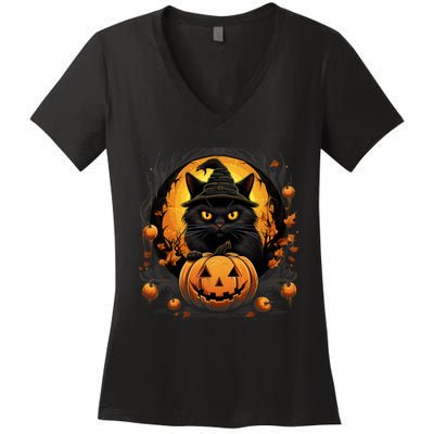 Funny Halloween Cat Costume Pumpkin Cat Black Cat Halloween Women's V-Neck T-Shirt