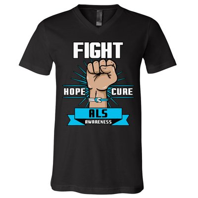 Fight Hope Cure ALS Awereness Motor Neurone Disease Blue V-Neck T-Shirt