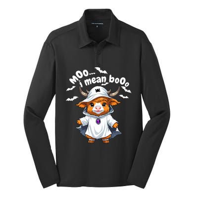 Funny Highland Cow Moo I Mean Boo Halloween Ghost Costume Cool Gift Silk Touch Performance Long Sleeve Polo