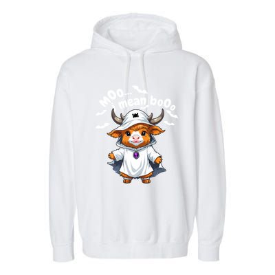 Funny Highland Cow Moo I Mean Boo Halloween Ghost Costume Cool Gift Garment-Dyed Fleece Hoodie