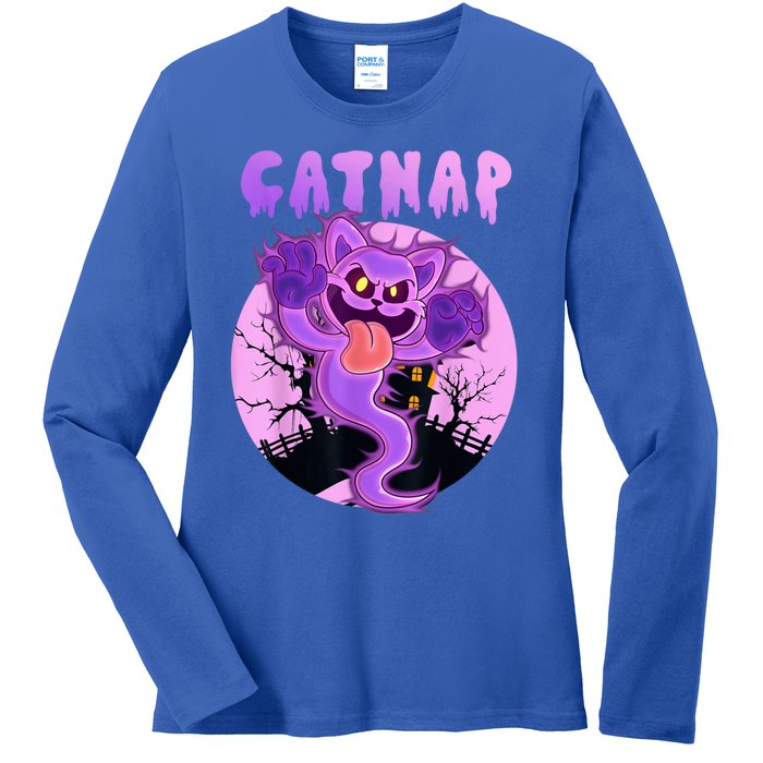 Funny Halloween Critters Ghost Cats Nap Spooky Season Ladies Long Sleeve Shirt