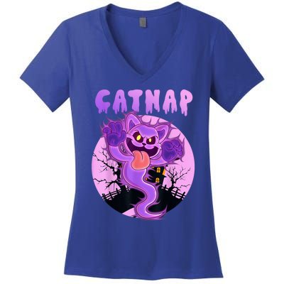 Funny Halloween Critters Ghost Cats Nap Spooky Season Women's V-Neck T-Shirt