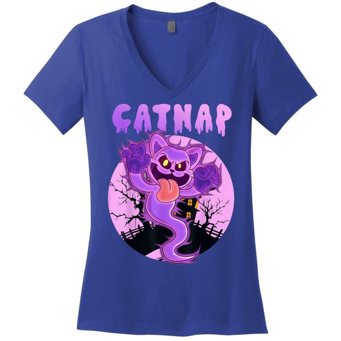 Funny Halloween Critters Ghost Cats Nap Spooky Season Women's V-Neck T-Shirt