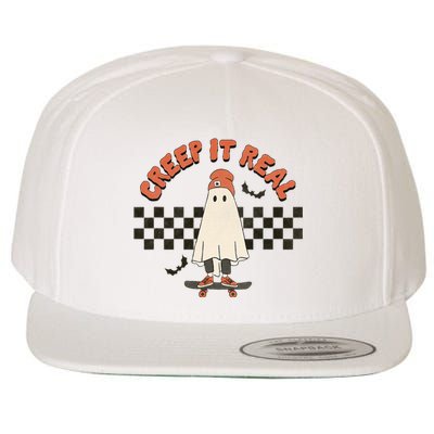 Funny Halloween Creep It Real Retro Skateboarding Ghost  Wool Snapback Cap