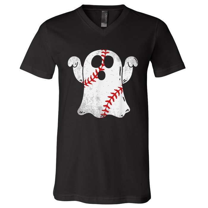 Funny Halloween Costume Baseball Ghost Baseball Lover V-Neck T-Shirt