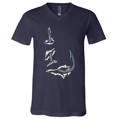 Fish Hook Cool Fishing Fisher Fisherman Angler Dad V-Neck T-Shirt