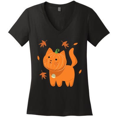 Funny Halloween Cat Cat Pumpkin Jack O Lantern Gift Women's V-Neck T-Shirt