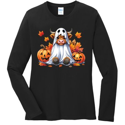 Funny Halloween Cow Bull Sheet Cow Ghost Spooky Season Farm Ladies Long Sleeve Shirt