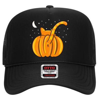 Funny Halloween Cat Butt Pumpkin Orange Tabby Lover High Crown Mesh Back Trucker Hat