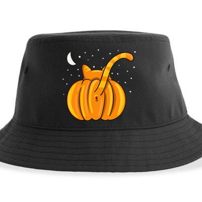 Funny Halloween Cat Butt Pumpkin Orange Tabby Lover Sustainable Bucket Hat