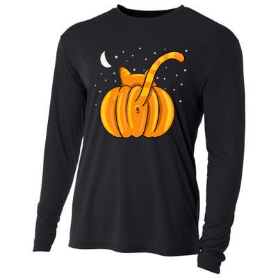 Funny Halloween Cat Butt Pumpkin Orange Tabby Lover Cooling Performance Long Sleeve Crew